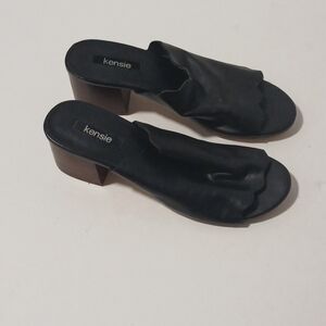 Kensie Womens Hajari Size 8 Black Open Toe Scalloped Edge Slide Block Heel
